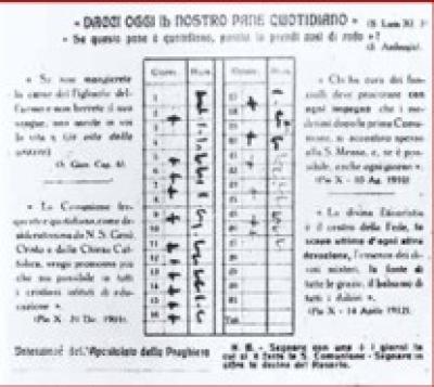 Tessera mensile dell’Apostolato della Preghiera, su cui Pier Giorgio tiene il conto delle comunioni e dei rosari. Tessera mensile dell’Apostolato della Preghiera, su cui Pier Giorgio tiene il conto delle comunioni e dei rosari.